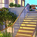 Outdoor Staircase with Glass Railing and Wooden Steps Illuminated Evening with Greenery and Building Background