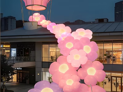Illuminated Pink Flower String Art Installation With Hot Air Balloon Light At Night Mall 3d model