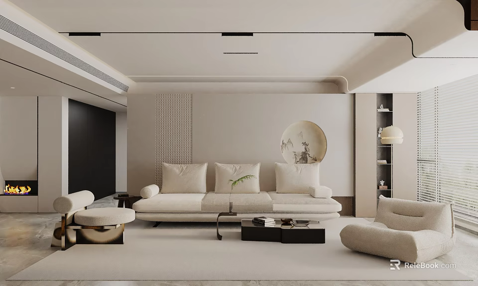 Modern Living Room Interior With Beige Sofa Coffee Table Round Art And Minimalist Design 3d model 