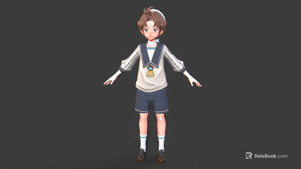 3D Model Boy Character In Sailor Uniform With Open Arms And Brown Hair 3d model 