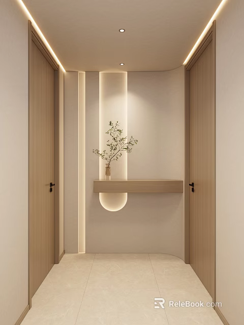 Modern Bathroom With Wooden Double Doors Recessed Niche Green Plant And Warm Lighting 3d model 