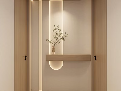 Modern Bathroom With Wooden Double Doors Recessed Niche Green Plant And Warm Lighting 3d model