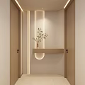 Modern Bathroom With Wooden Double Doors Recessed Niche Green Plant And Warm Lighting