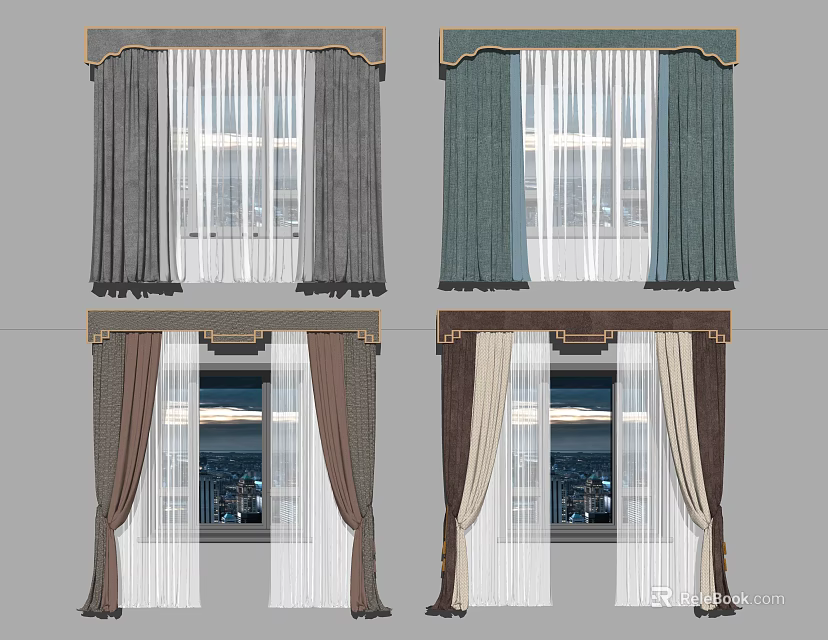 Stylish Curtains In Multiple Colors With Double Layer Design And Decorative Top 3d model 