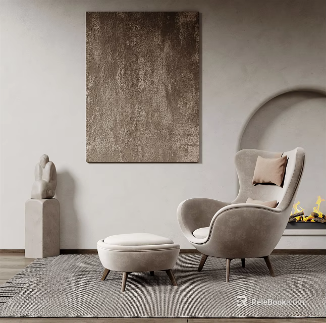 Beige Single Sofa Armchair with Ottoman and Abstract Painting in Minimalist Living Room with Fireplace 3d model 