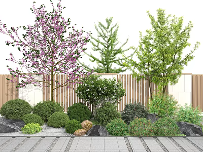 Shrubs In Garden Landscape With Flowering Trees Wooden Fence Rocks And Paved Walkway 3d model