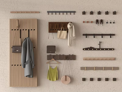 Various Wooden Wall Hooks And Hook Boards For Hanging Coats Bags And Scarves 3d model
