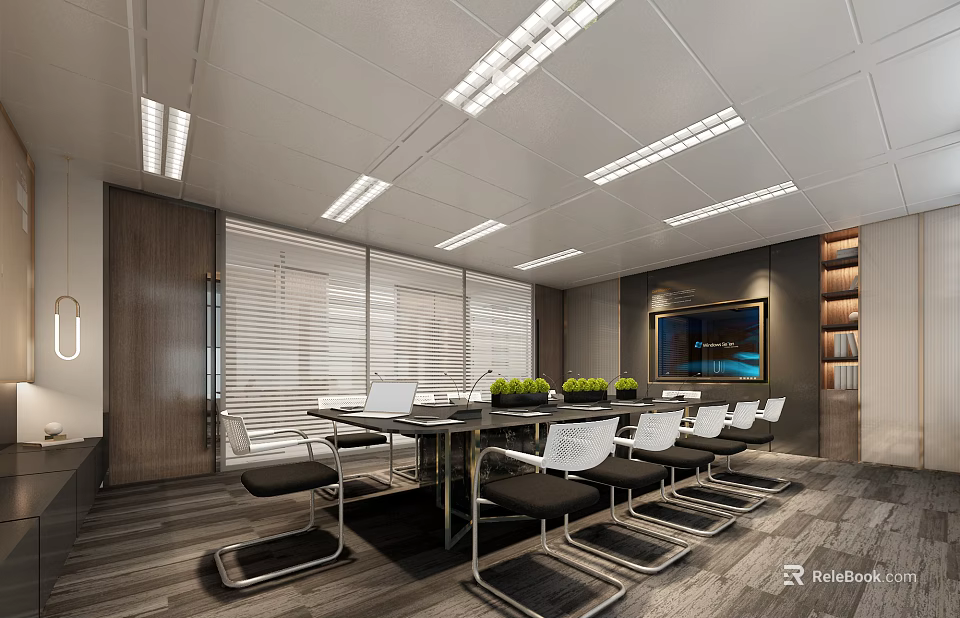 Modern Conference Room with Long Table White Chairs Green Plants Blinds Wall Painting and Bookshelves 3d model 