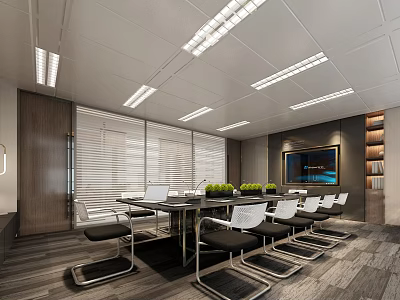 Modern Conference Room with Long Table White Chairs Green Plants Blinds Wall Painting and Bookshelves 3d model