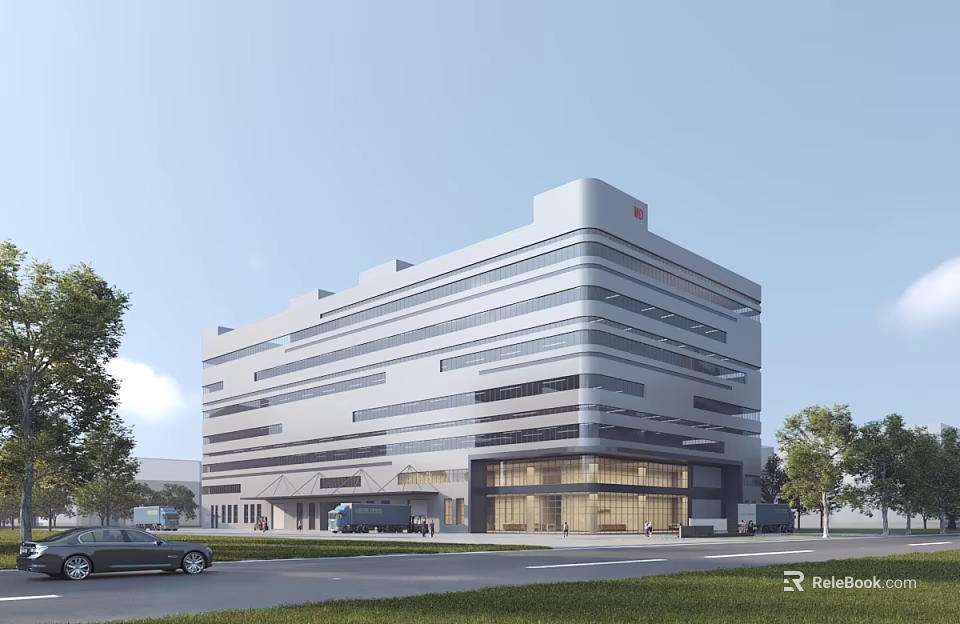 Modern Office Building Exterior With Glass Curtain Wall Multiple Floors And Surrounding Trees 3d model 
