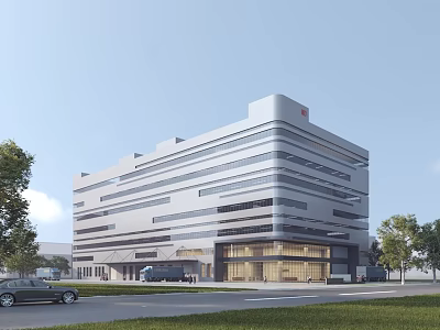 Modern Office Building Exterior With Glass Curtain Wall Multiple Floors And Surrounding Trees 3d model