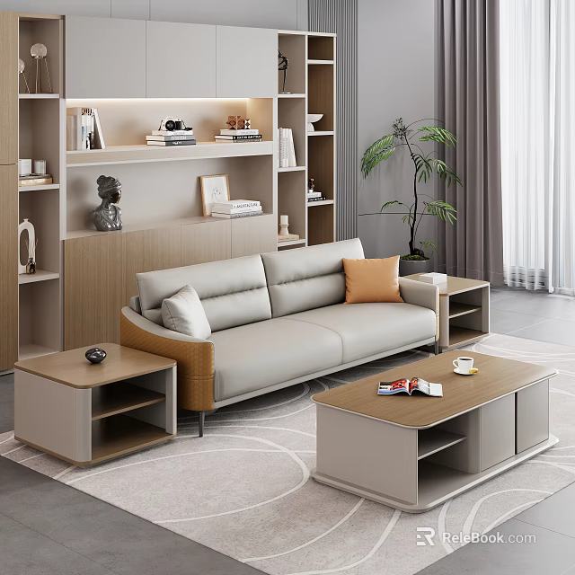 Modern Gray Sofa and Coffee Table Set with Orange Cushions Side Tables and Plant 3d model 