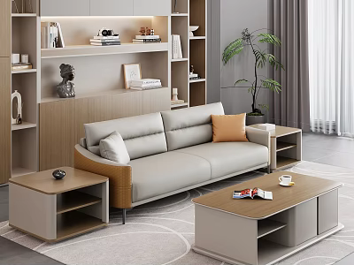 Modern Gray Sofa and Coffee Table Set with Orange Cushions Side Tables and Plant 3d model
