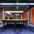 Modern Billiard Hall Interior With Green Billiard Table Decorative Carpet Orange Walls And Ceiling Lights