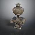 Round Stone Vase On Intricate Carved Base With Scroll Floral Patterns 3d model