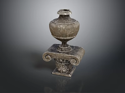 Round Stone Vase On Intricate Carved Base With Scroll Floral Patterns 3d model