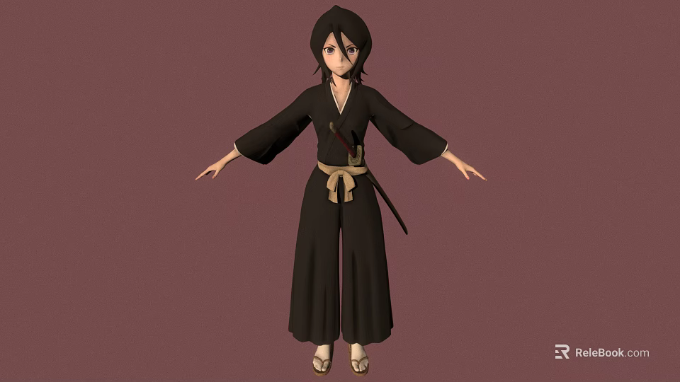 3D Anime Character in Black Kimono with Brown Belt and Sword on Simple Brown Background 3d model 