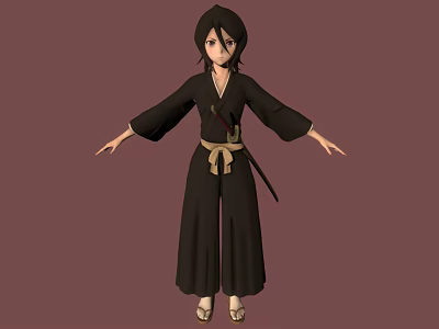 3D Anime Character in Black Kimono with Brown Belt and Sword on Simple Brown Background 3d model