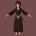 3D Anime Character in Black Kimono with Brown Belt and Sword on Simple Brown Background