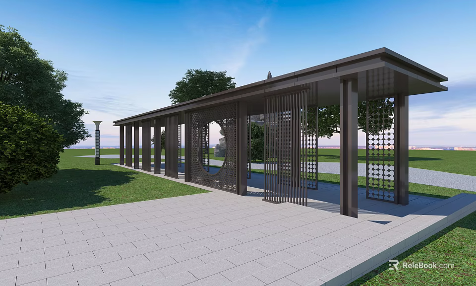 Modern Pergola With Lattice Structure Columns And Stone Pavement In Grass 3d model 