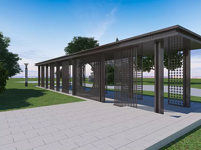 Modern Pergola With Lattice Structure Columns And Stone Pavement In Grass 3d model