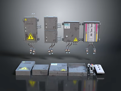 Computer Control Equipment With Various Sizes Electrical Boxes Yellow Warning Signs And Mounted Panels 3d model