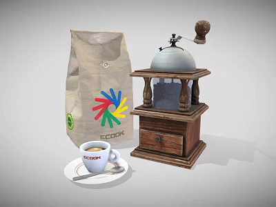 Vintage Wooden Coffee Grinder With Coffee Bag And Cup For Kitchen 3d model