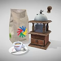 Vintage Wooden Coffee Grinder With Coffee Bag And Cup For Kitchen