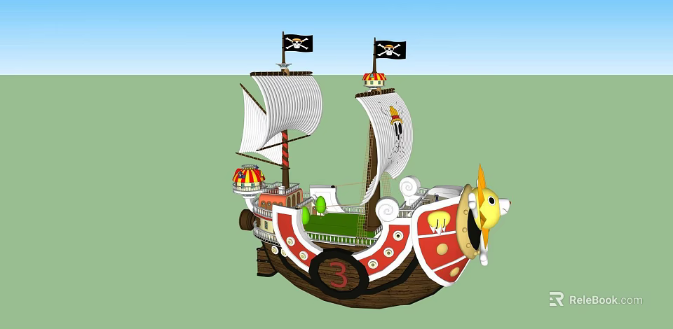 Colorful Pirate Ship Model With Black Flags White Sails And Red White Hull 3d model 