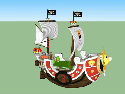 Colorful Pirate Ship Model With Black Flags White Sails And Red White Hull 3d model