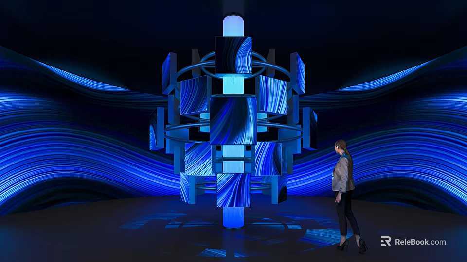 Futuristic Computer Display With Blue Lighting And Interactive Wave Design Structure 3d model 