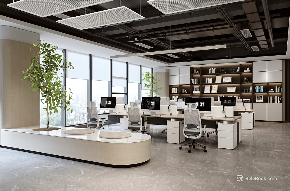 Bright Modern Public Office Space With Open Desks Computers Green Tree Bookshelves And Large Windows 3d model 