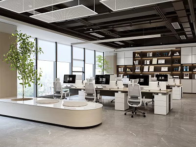 Bright Modern Public Office Space With Open Desks Computers Green Tree Bookshelves And Large Windows 3d model