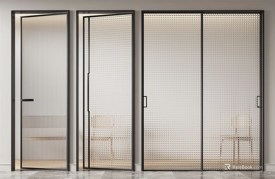Modern Swing Doors With Black Frames Ribbed And Perforated Glass Interior Design 3d model