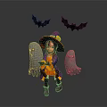 Halloween Themed Scene With Witch Character Bat Decorations And Ghost Figures