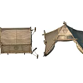 Two Vintage Canvas Tents Featuring Decorative Patterns Support Frames And Ropes For Outdoor Use