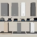 Kitchen Appliances Display With Various Range Hood Styles And Cookware 3d model