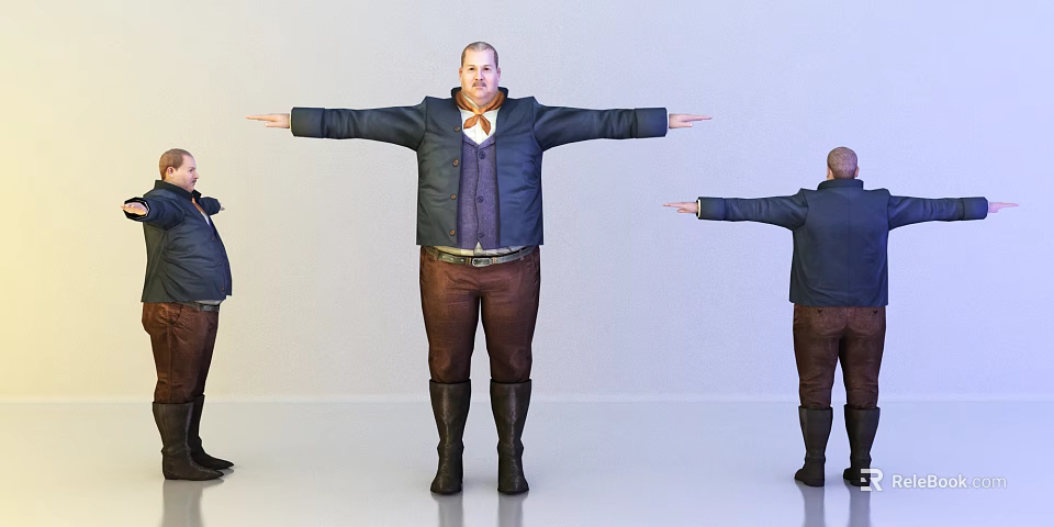 Man With Outstretched Arms Wearing Dark Blue Coat Vest Brown Pants And Black Boots 3d model 