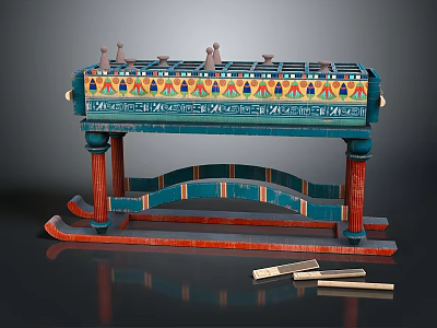 Ancient Egyptian Decorative Table With Colorful Patterns Carvings Blue And Red Legs And Wooden Sticks 3d model
