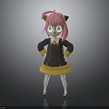 Pink Haired Green Eyed Girl With Cat Ears In Black Yellow Outfit And Bow Tie