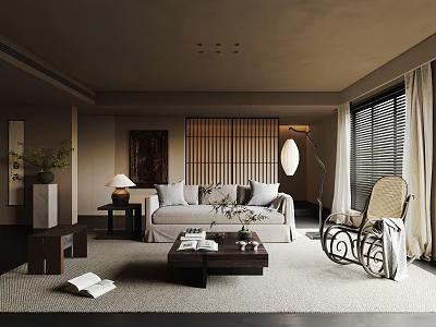 Modern Living Room Sofa Coffee Table Floor Lamp Side Rocking Chair Table Lamp Green Plant Decoration Painting Book 3d model