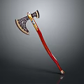 Ornate Decorative Axe With Black Head Intricate Patterns And Red Handle
