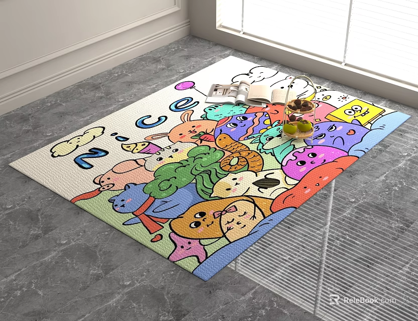 Colorful Square Rug With Cute Cartoon Animal Patterns For Kids Room Decor 3d model 