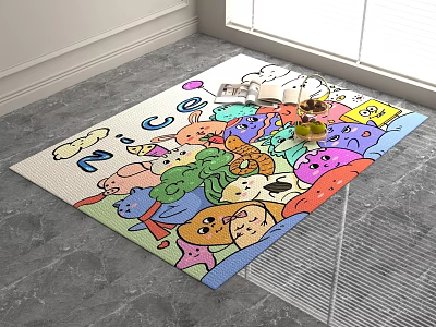 Colorful Square Rug With Cute Cartoon Animal Patterns For Kids Room Decor 3d model