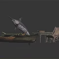 Vintage Wooden Boat Display With Smaller Boat Oars Old Chairs And Bird Statue