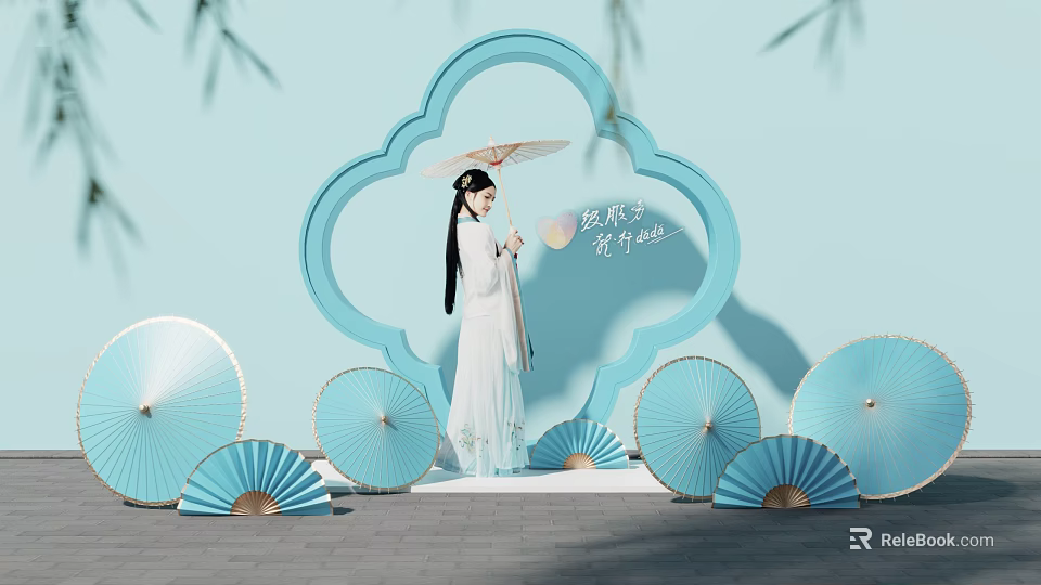 Traditional Hanfu Woman With Oil Paper Umbrella And Light Blue Fan Shaped Decorations 3d model 