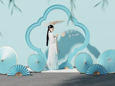 Traditional Hanfu Woman With Oil Paper Umbrella And Light Blue Fan Shaped Decorations 3d model