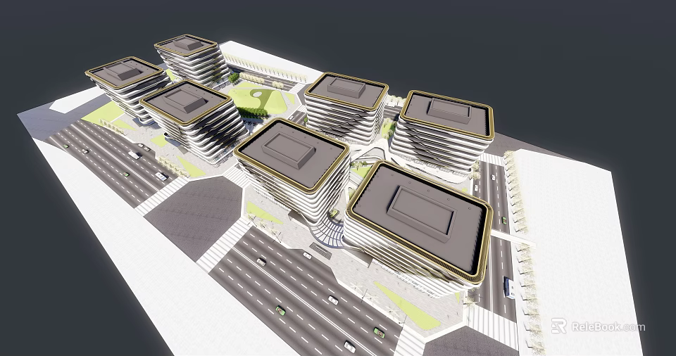 Modern High Rise Office Buildings With Architectural Roof Design And Surrounding Green Spaces 3d model 