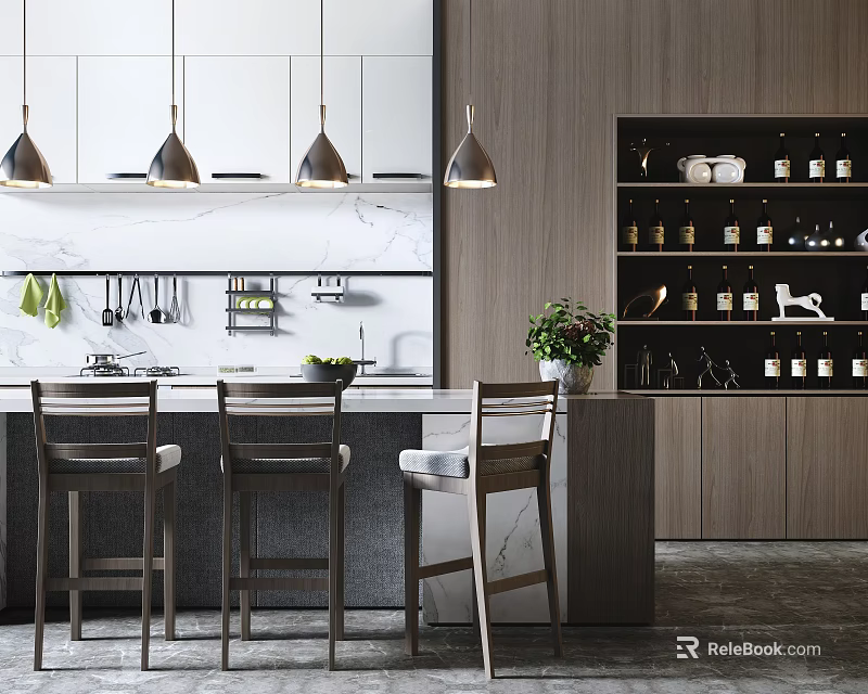 Elegant Modern Bar Counter With Pendant Lights Stools And Marble Countertop In Kitchen 3d model 