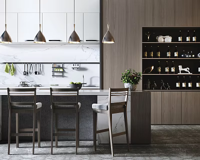 Elegant Modern Bar Counter With Pendant Lights Stools And Marble Countertop In Kitchen 3d model